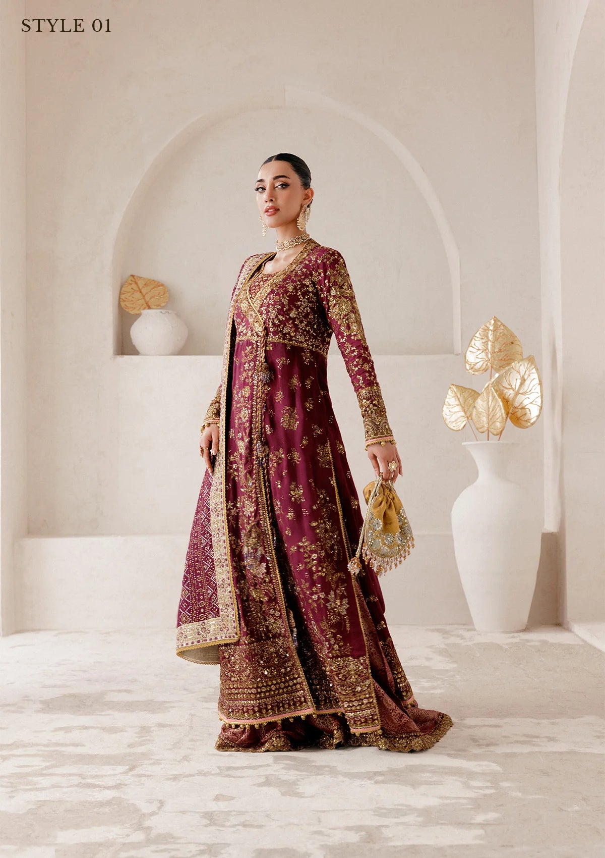 Opulent medium silk ensemble with detailed embroidery, bodice and panel work, jamawaar pants, and an embroidered silk dupatta. Styled as angrakha gharara or open-front koti sharara.