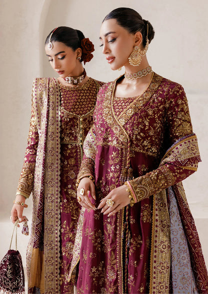 Opulent medium silk ensemble with detailed embroidery, bodice and panel work, jamawaar pants, and an embroidered silk dupatta. Styled as angrakha gharara or open-front koti sharara.