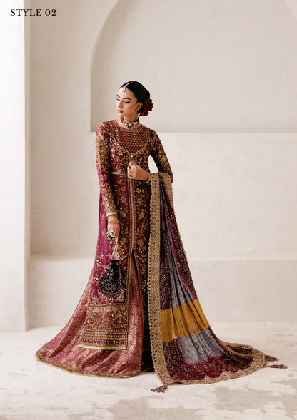 Opulent medium silk ensemble with detailed embroidery, bodice and panel work, jamawaar pants, and an embroidered silk dupatta. Styled as angrakha gharara or open-front koti sharara.