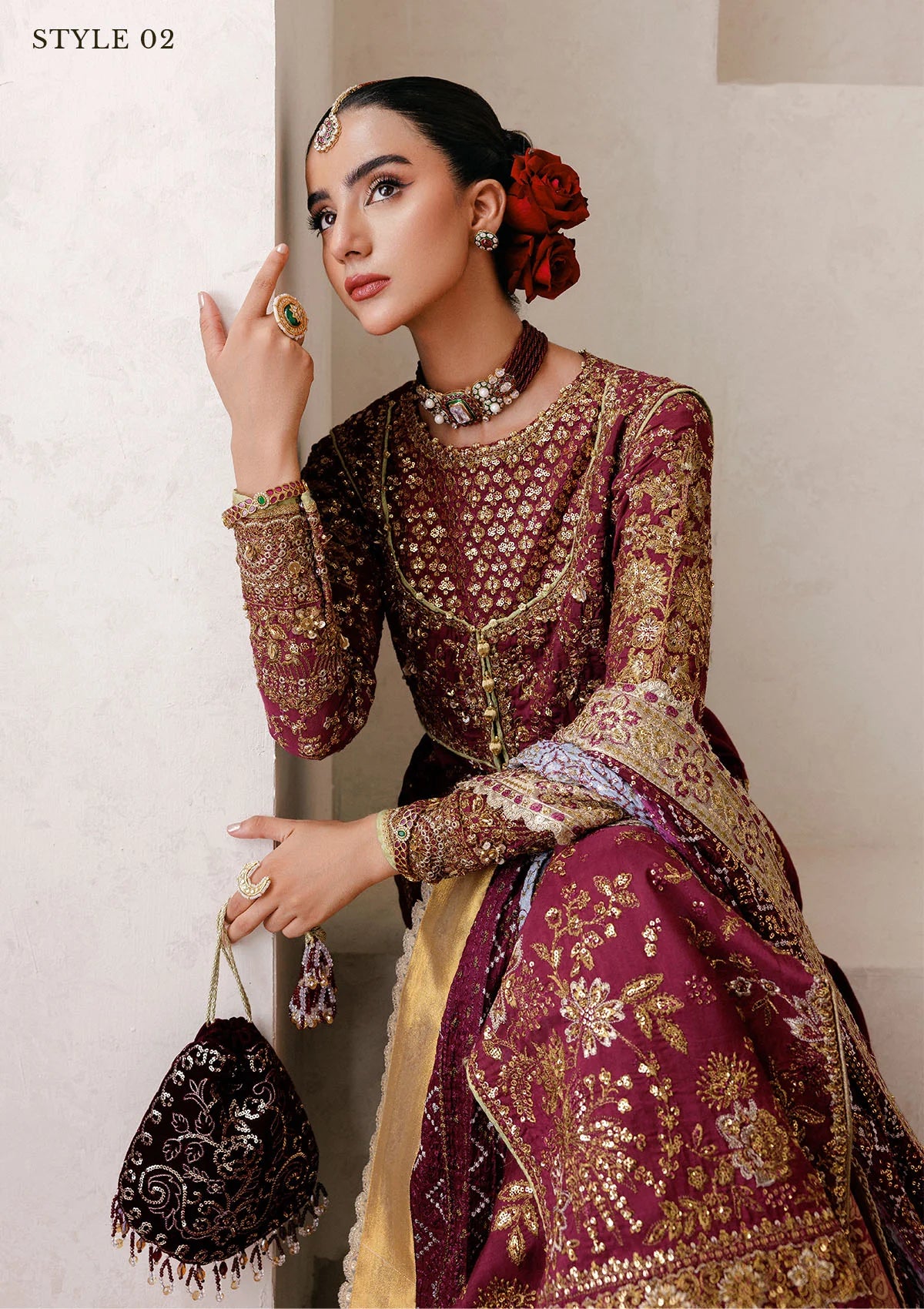 Opulent medium silk ensemble with detailed embroidery, bodice and panel work, jamawaar pants, and an embroidered silk dupatta. Styled as angrakha gharara or open-front koti sharara.