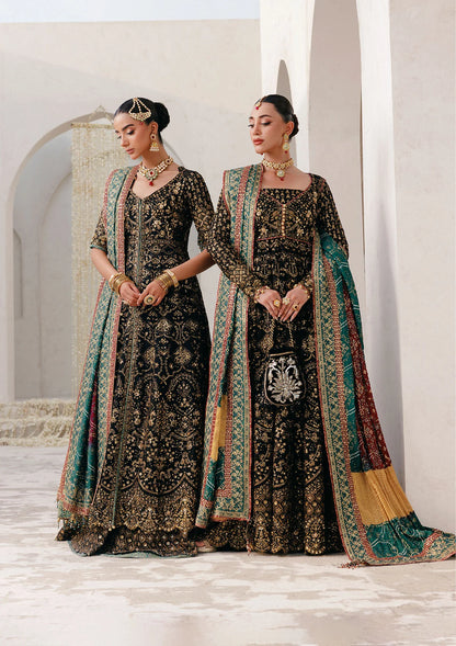Elegant embroidered chiffon ensemble with embellished bodice, organza borders, masoori silk pants, and a medium silk dupatta. Styled as kalidar open front with sharara or koti kalidar with straight pants.