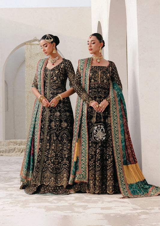 Elegant embroidered chiffon ensemble with embellished bodice, organza borders, masoori silk pants, and a medium silk dupatta. Styled as kalidar open front with sharara or koti kalidar with straight pants.