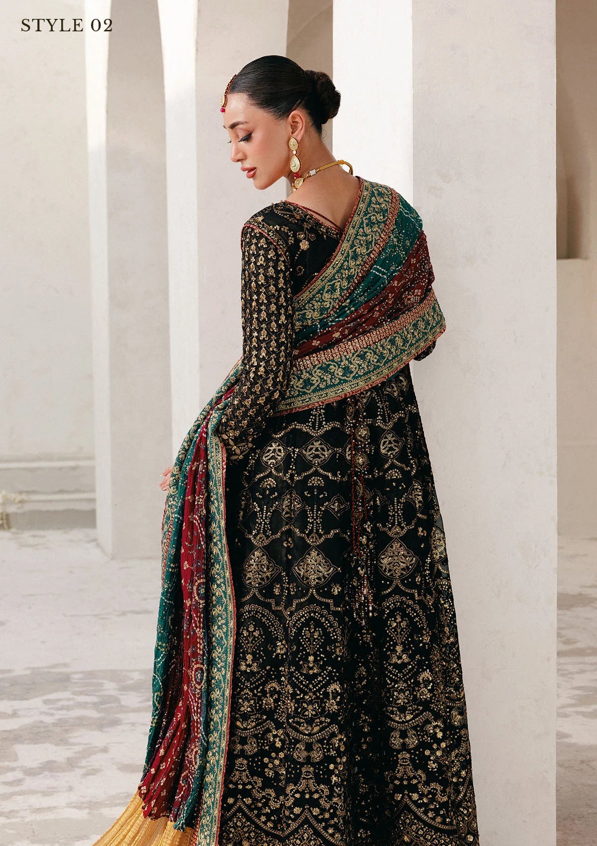 Elegant embroidered chiffon ensemble with embellished bodice, organza borders, masoori silk pants, and a medium silk dupatta. Styled as kalidar open front with sharara or koti kalidar with straight pants.