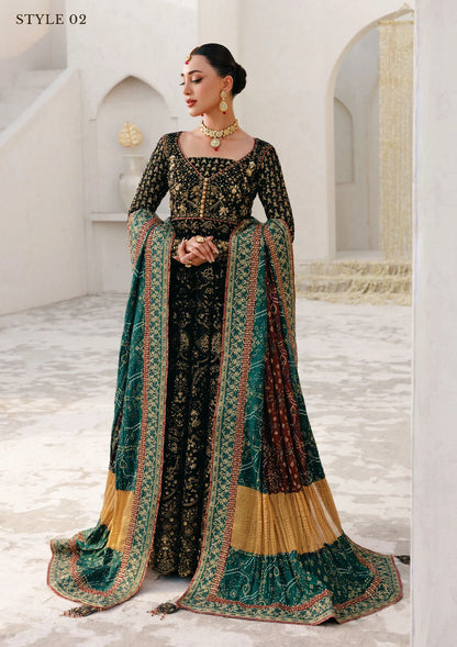 Elegant embroidered chiffon ensemble with embellished bodice, organza borders, masoori silk pants, and a medium silk dupatta. Styled as kalidar open front with sharara or koti kalidar with straight pants.