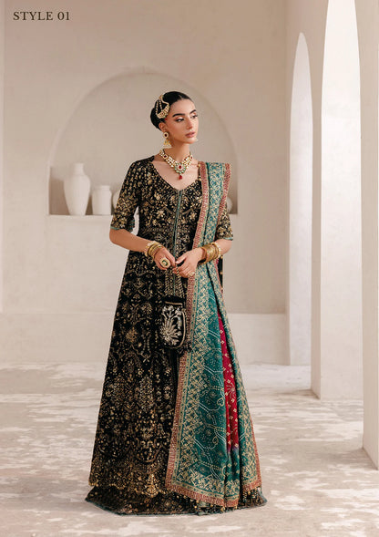 Elegant embroidered chiffon ensemble with embellished bodice, organza borders, masoori silk pants, and a medium silk dupatta. Styled as kalidar open front with sharara or koti kalidar with straight pants.