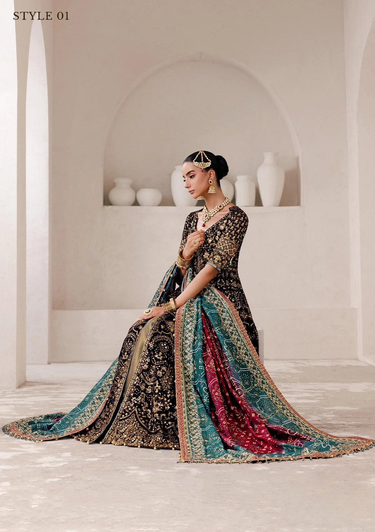 Elegant embroidered chiffon ensemble with embellished bodice, organza borders, masoori silk pants, and a medium silk dupatta. Styled as kalidar open front with sharara or koti kalidar with straight pants.