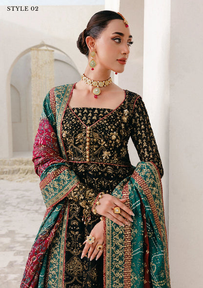 Elegant embroidered chiffon ensemble with embellished bodice, organza borders, masoori silk pants, and a medium silk dupatta. Styled as kalidar open front with sharara or koti kalidar with straight pants.