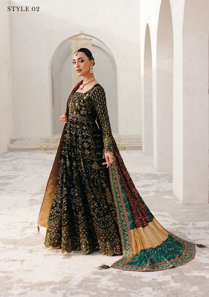 Elegant embroidered chiffon ensemble with embellished bodice, organza borders, masoori silk pants, and a medium silk dupatta. Styled as kalidar open front with sharara or koti kalidar with straight pants.
