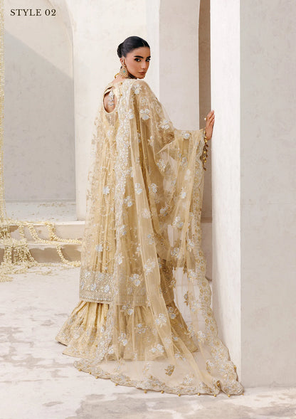 Elegant embroidered net ensemble with tissue neckline, rich borders, jamawar pants, and an embroidered net dupatta. Styled as a long shirt with farshi gharara or side-slit long shirt with crushed frock.