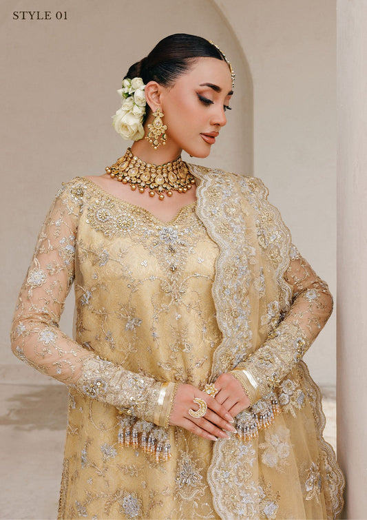 Elegant embroidered net ensemble with tissue neckline, rich borders, jamawar pants, and an embroidered net dupatta. Styled as a long shirt with farshi gharara or side-slit long shirt with crushed frock.