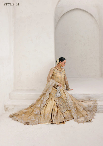 Elegant embroidered net ensemble with tissue neckline, rich borders, jamawar pants, and an embroidered net dupatta. Styled as a long shirt with farshi gharara or side-slit long shirt with crushed frock.
