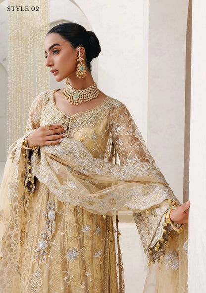 Elegant embroidered net ensemble with tissue neckline, rich borders, jamawar pants, and an embroidered net dupatta. Styled as a long shirt with farshi gharara or side-slit long shirt with crushed frock.