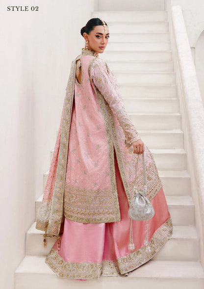 Refined katan silk ensemble with embroidered yoke, embellished borders, masoori silk pants, and a medium silk dupatta. Styled as open-front long shirt with crushed gharara or sharara.