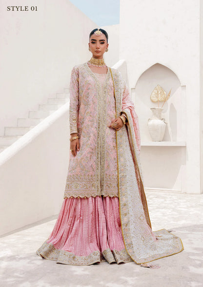 Refined katan silk ensemble with embroidered yoke, embellished borders, masoori silk pants, and a medium silk dupatta. Styled as open-front long shirt with crushed gharara or sharara.