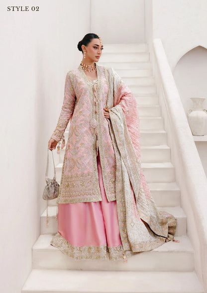 Refined katan silk ensemble with embroidered yoke, embellished borders, masoori silk pants, and a medium silk dupatta. Styled as open-front long shirt with crushed gharara or sharara.