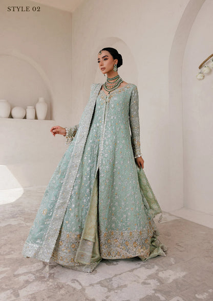 Elegant embroidered chiffon ensemble with embellished organza neckline, rich borders, jamawar pants, and chiffon dupatta. Styled as angrakha with skirt or kalidar open front with farshi gharara.