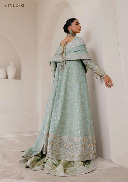 Elegant embroidered chiffon ensemble with embellished organza neckline, rich borders, jamawar pants, and chiffon dupatta. Styled as angrakha with skirt or kalidar open front with farshi gharara.