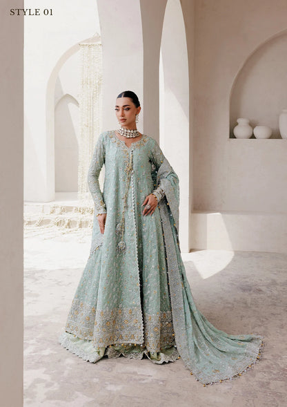 Elegant embroidered chiffon ensemble with embellished organza neckline, rich borders, jamawar pants, and chiffon dupatta. Styled as angrakha with skirt or kalidar open front with farshi gharara.