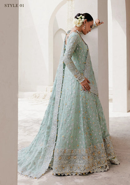 Elegant embroidered chiffon ensemble with embellished organza neckline, rich borders, jamawar pants, and chiffon dupatta. Styled as angrakha with skirt or kalidar open front with farshi gharara.