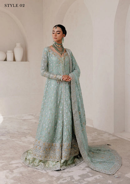 Elegant embroidered chiffon ensemble with embellished organza neckline, rich borders, jamawar pants, and chiffon dupatta. Styled as angrakha with skirt or kalidar open front with farshi gharara.
