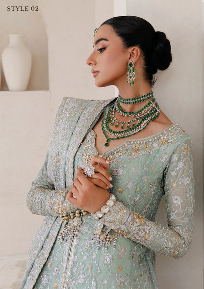 Elegant embroidered chiffon ensemble with embellished organza neckline, rich borders, jamawar pants, and chiffon dupatta. Styled as angrakha with skirt or kalidar open front with farshi gharara.