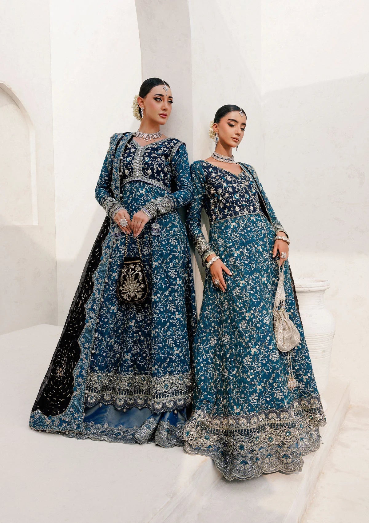 Elegant khaadi net ensemble with embellished bodice, organza and silk neckline finishing, masoori silk pants, and chiffon dupatta. Styled as angrakha with sharara or kalidar with skirt.