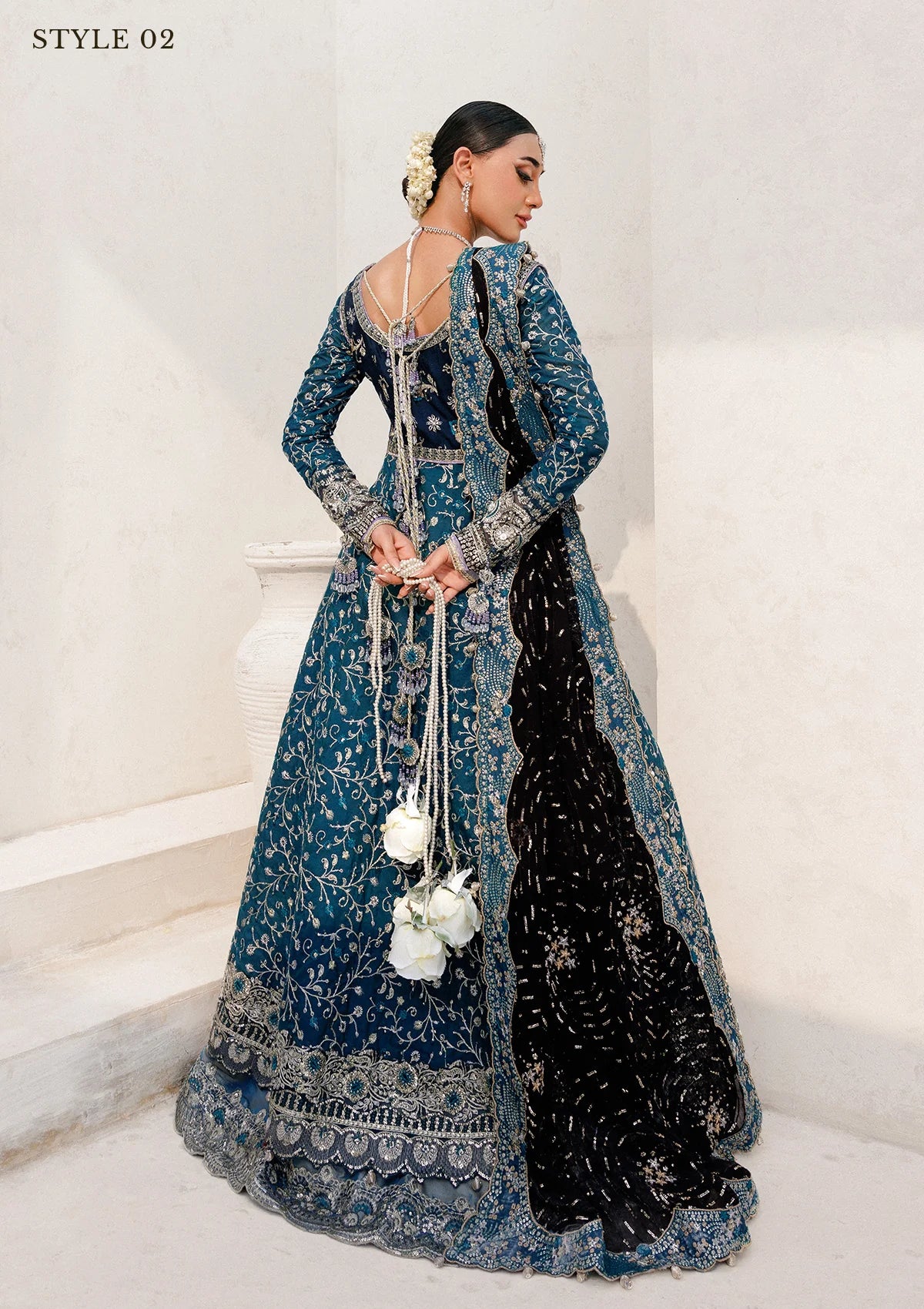 Elegant khaadi net ensemble with embellished bodice, organza and silk neckline finishing, masoori silk pants, and chiffon dupatta. Styled as angrakha with sharara or kalidar with skirt.