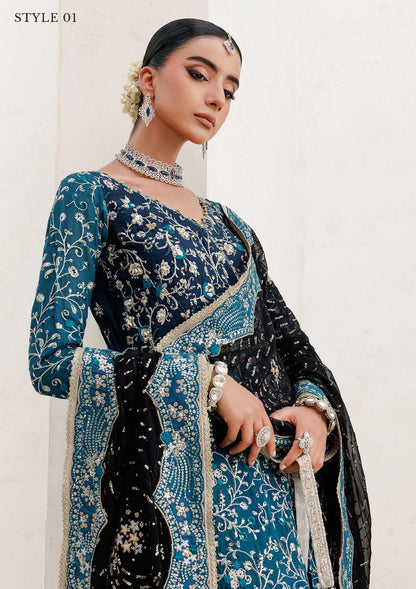 Elegant khaadi net ensemble with embellished bodice, organza and silk neckline finishing, masoori silk pants, and chiffon dupatta. Styled as angrakha with sharara or kalidar with skirt.