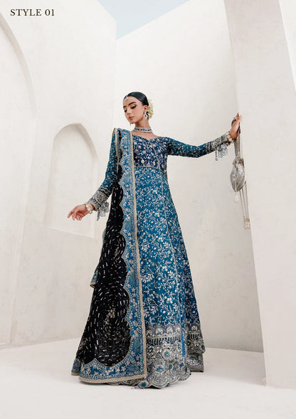 Elegant khaadi net ensemble with embellished bodice, organza and silk neckline finishing, masoori silk pants, and chiffon dupatta. Styled as angrakha with sharara or kalidar with skirt.