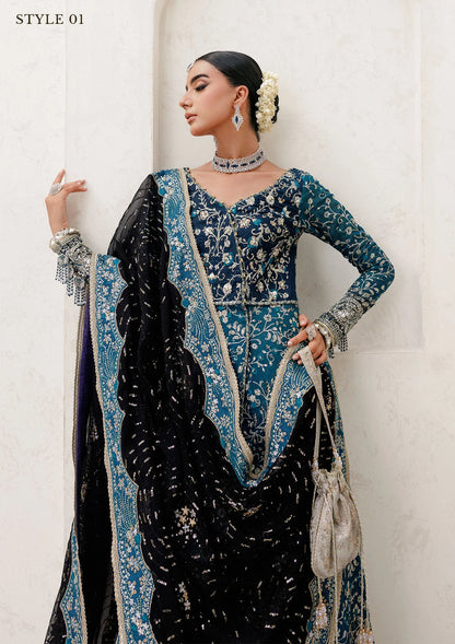 Elegant khaadi net ensemble with embellished bodice, organza and silk neckline finishing, masoori silk pants, and chiffon dupatta. Styled as angrakha with sharara or kalidar with skirt.