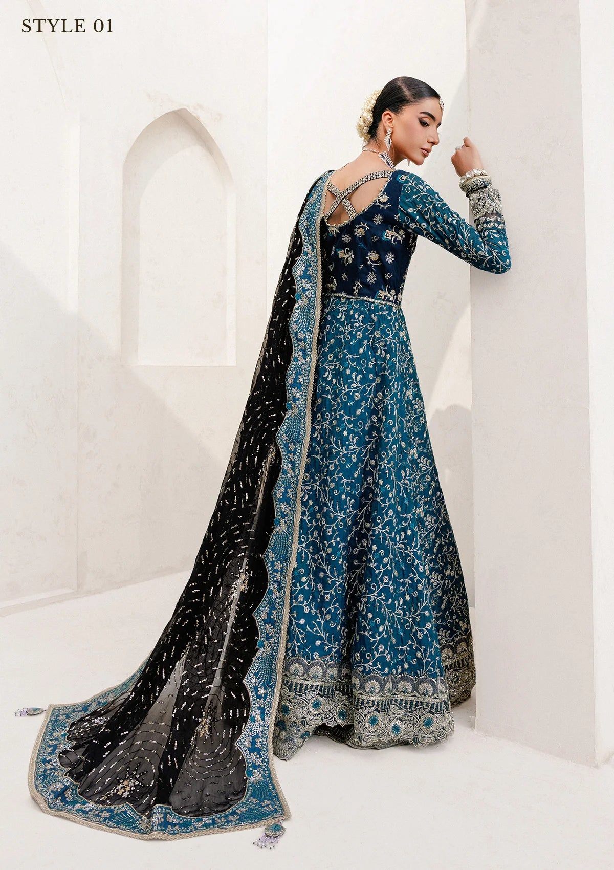 Elegant khaadi net ensemble with embellished bodice, organza and silk neckline finishing, masoori silk pants, and chiffon dupatta. Styled as angrakha with sharara or kalidar with skirt.