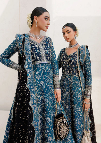 Elegant khaadi net ensemble with embellished bodice, organza and silk neckline finishing, masoori silk pants, and chiffon dupatta. Styled as angrakha with sharara or kalidar with skirt.