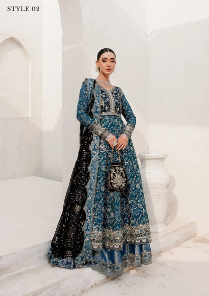 Elegant khaadi net ensemble with embellished bodice, organza and silk neckline finishing, masoori silk pants, and chiffon dupatta. Styled as angrakha with sharara or kalidar with skirt.