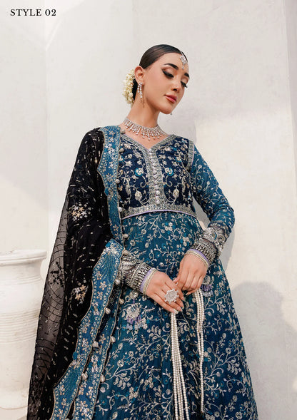 Elegant khaadi net ensemble with embellished bodice, organza and silk neckline finishing, masoori silk pants, and chiffon dupatta. Styled as angrakha with sharara or kalidar with skirt.
