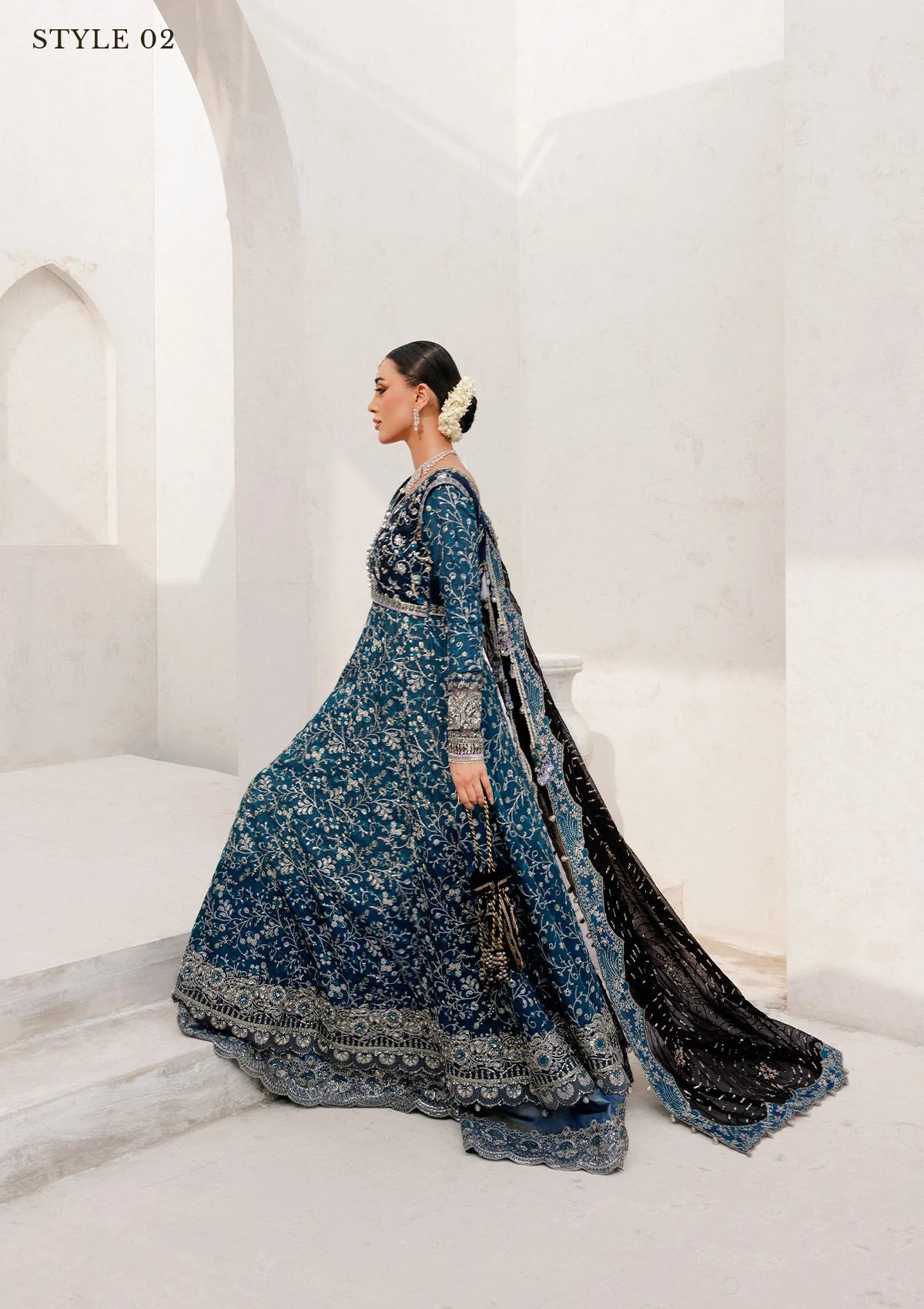 Elegant khaadi net ensemble with embellished bodice, organza and silk neckline finishing, masoori silk pants, and chiffon dupatta. Styled as angrakha with sharara or kalidar with skirt.