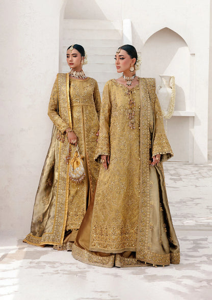 Graceful zari net ensemble with embellished bodice, tissue neckline and borders, masoori silk pants, and an embroidered tissue dupatta. Styled as open-front with skirt or long shirt with sharara.
