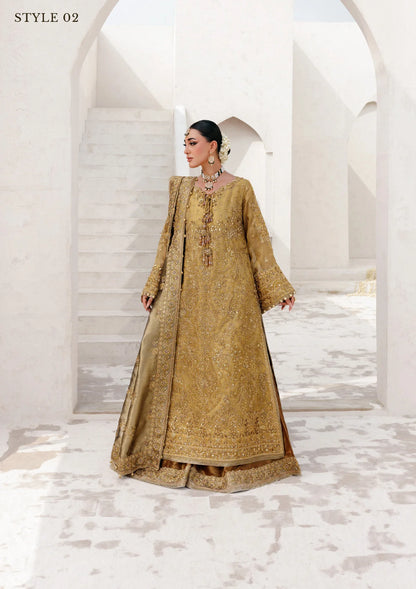 Graceful zari net ensemble with embellished bodice, tissue neckline and borders, masoori silk pants, and an embroidered tissue dupatta. Styled as open-front with skirt or long shirt with sharara.