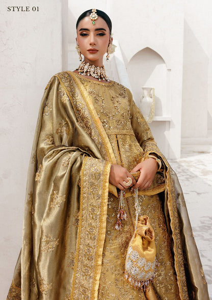 Graceful zari net ensemble with embellished bodice, tissue neckline and borders, masoori silk pants, and an embroidered tissue dupatta. Styled as open-front with skirt or long shirt with sharara.