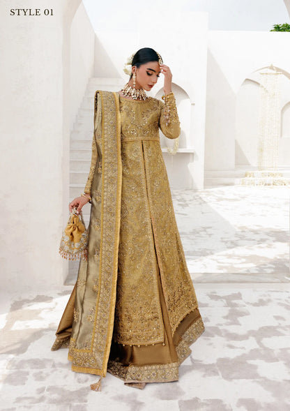Graceful zari net ensemble with embellished bodice, tissue neckline and borders, masoori silk pants, and an embroidered tissue dupatta. Styled as open-front with skirt or long shirt with sharara.