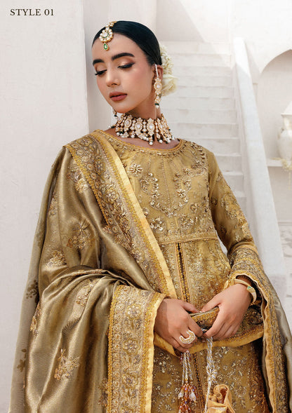 Graceful zari net ensemble with embellished bodice, tissue neckline and borders, masoori silk pants, and an embroidered tissue dupatta. Styled as open-front with skirt or long shirt with sharara.