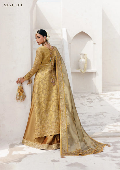 Graceful zari net ensemble with embellished bodice, tissue neckline and borders, masoori silk pants, and an embroidered tissue dupatta. Styled as open-front with skirt or long shirt with sharara.