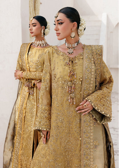 Graceful zari net ensemble with embellished bodice, tissue neckline and borders, masoori silk pants, and an embroidered tissue dupatta. Styled as open-front with skirt or long shirt with sharara.