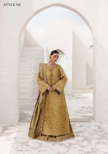 Graceful zari net ensemble with embellished bodice, tissue neckline and borders, masoori silk pants, and an embroidered tissue dupatta. Styled as open-front with skirt or long shirt with sharara.