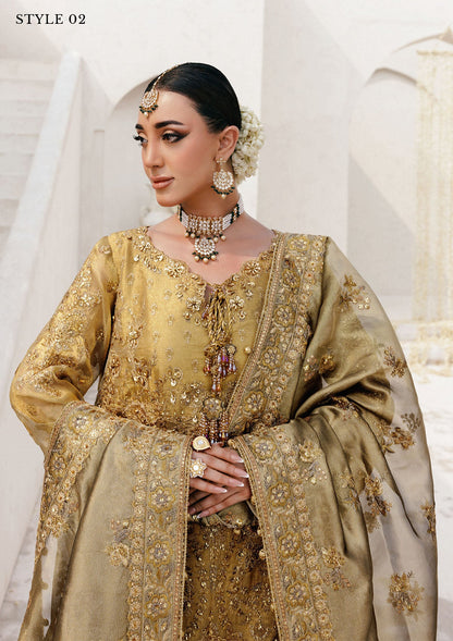 Graceful zari net ensemble with embellished bodice, tissue neckline and borders, masoori silk pants, and an embroidered tissue dupatta. Styled as open-front with skirt or long shirt with sharara.