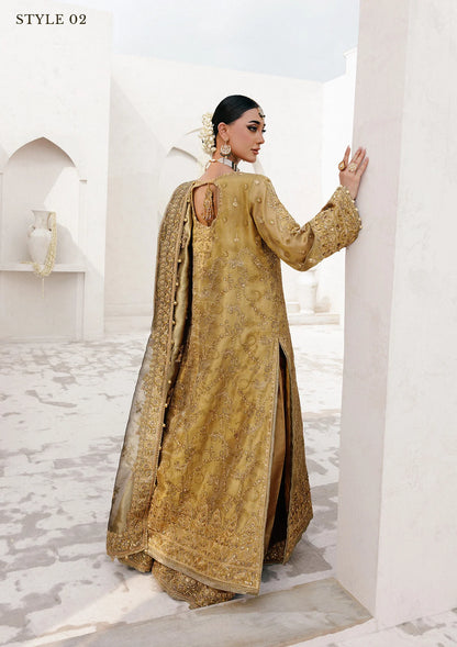 Graceful zari net ensemble with embellished bodice, tissue neckline and borders, masoori silk pants, and an embroidered tissue dupatta. Styled as open-front with skirt or long shirt with sharara.