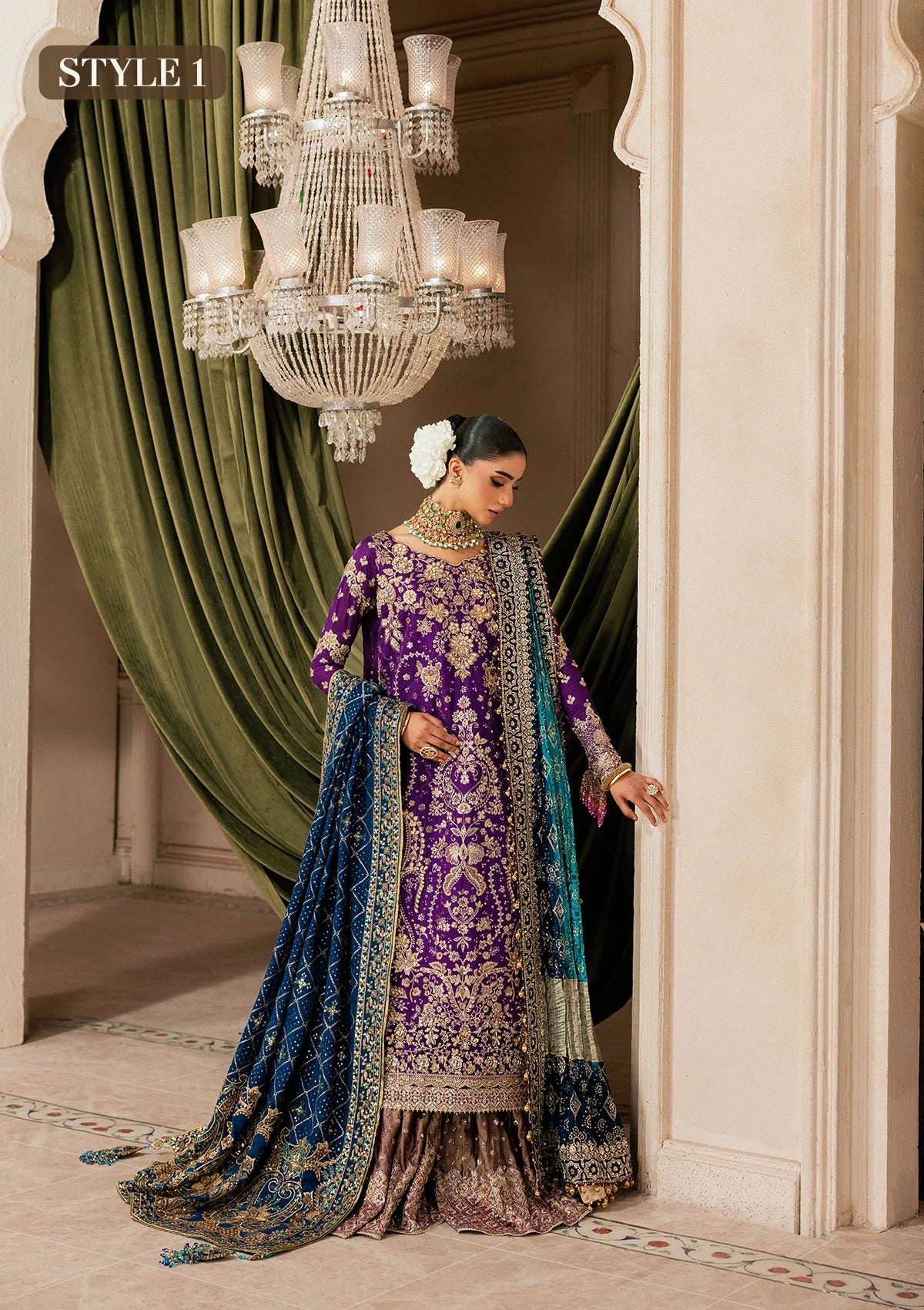 Elegant purple medium silk dress with embellished embroidery, organza borders and sleeves. Paired with masoori silk pants and embroidered silk dupatta.