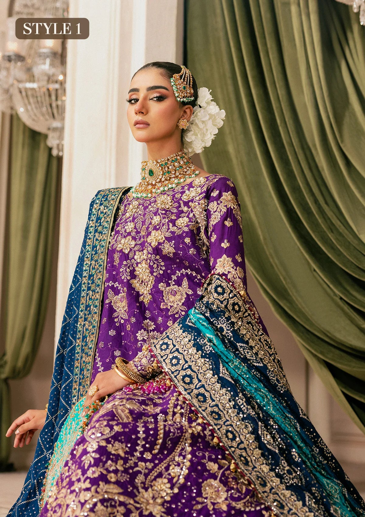 Elegant purple medium silk dress with embellished embroidery, organza borders and sleeves. Paired with masoori silk pants and embroidered silk dupatta.
