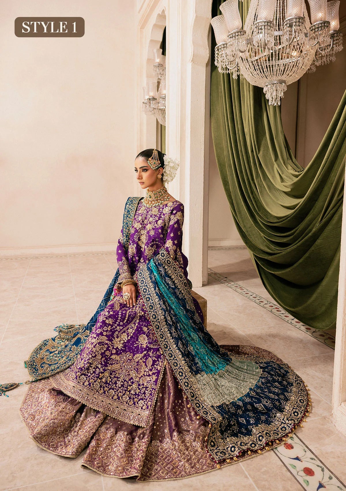 Elegant purple medium silk dress with embellished embroidery, organza borders and sleeves. Paired with masoori silk pants and embroidered silk dupatta.