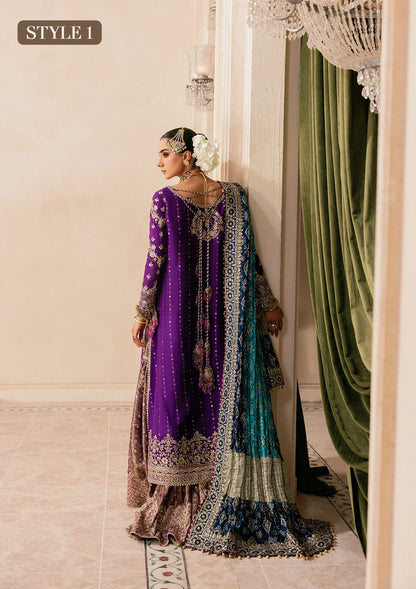 Elegant purple medium silk dress with embellished embroidery, organza borders and sleeves. Paired with masoori silk pants and embroidered silk dupatta.