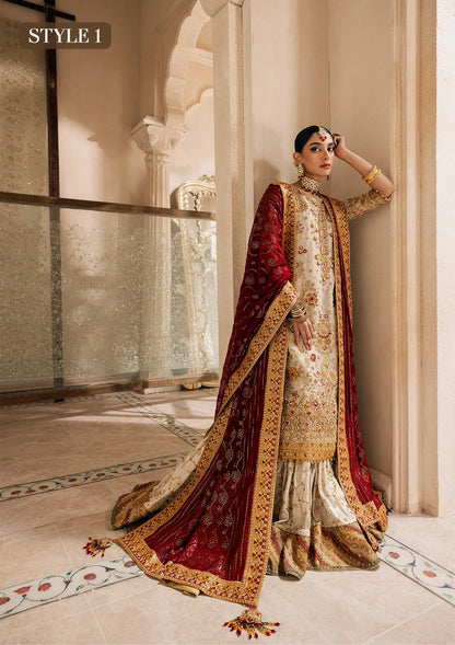 Elegant off white zari net dress with embellished embroidery, organza borders and sleeves. Paired with jamawar pants and chiffon dupatta.